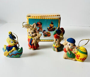 Vintage German Easter Ceramic Ornaments Set of 4 Rabbits Duck w Box